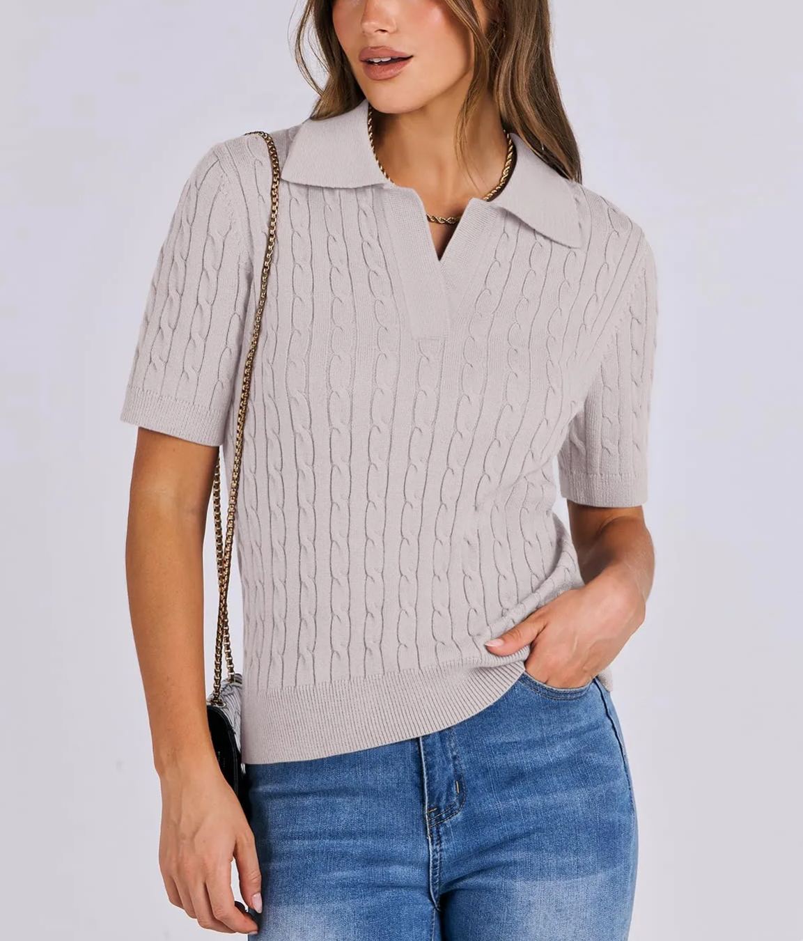 Women's Short Sleeve Polo V Neck Cable Knit Soft Sweaters Tops
