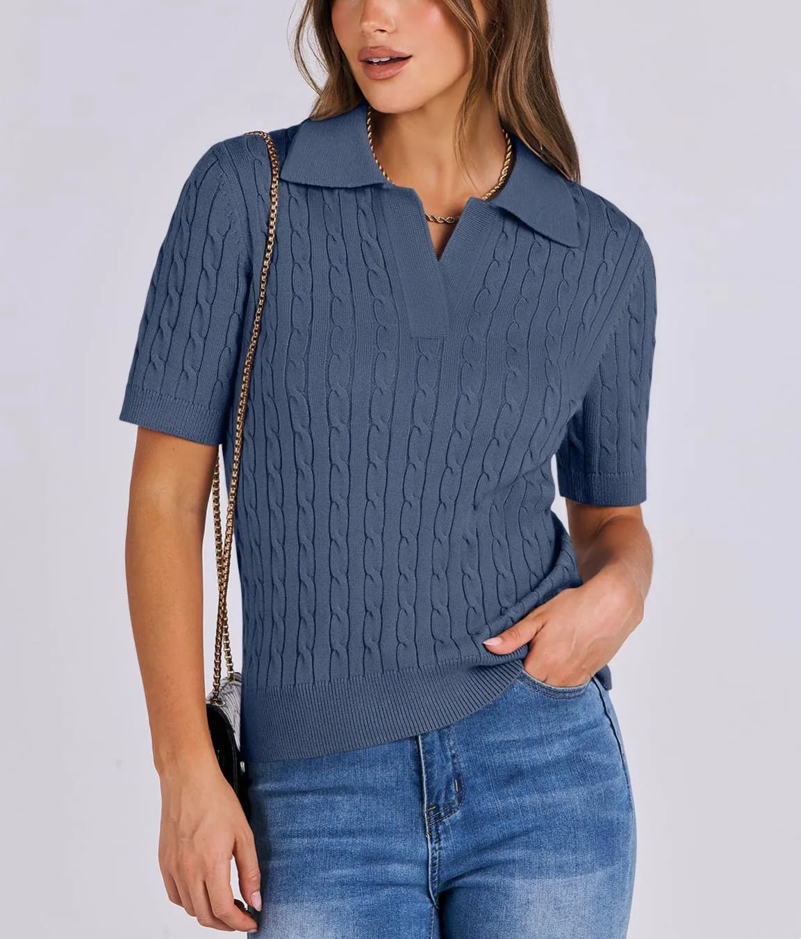 Women's Short Sleeve Polo V Neck Cable Knit Soft Sweaters Tops