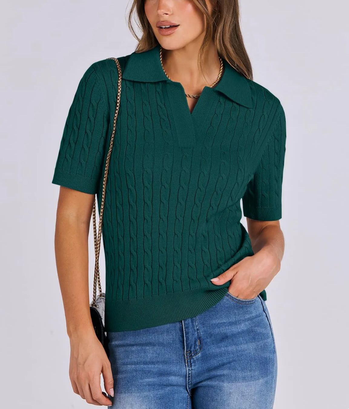 Women's Short Sleeve Polo V Neck Cable Knit Soft Sweaters Tops