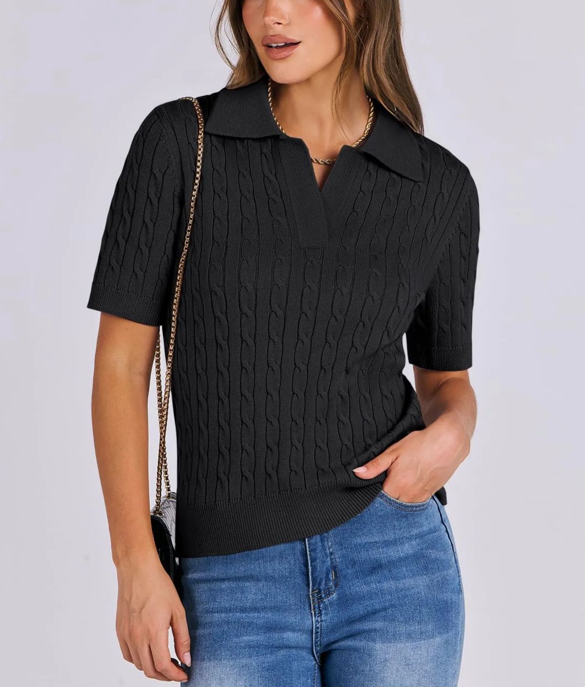 Women's Short Sleeve Polo V Neck Cable Knit Soft Sweaters Tops