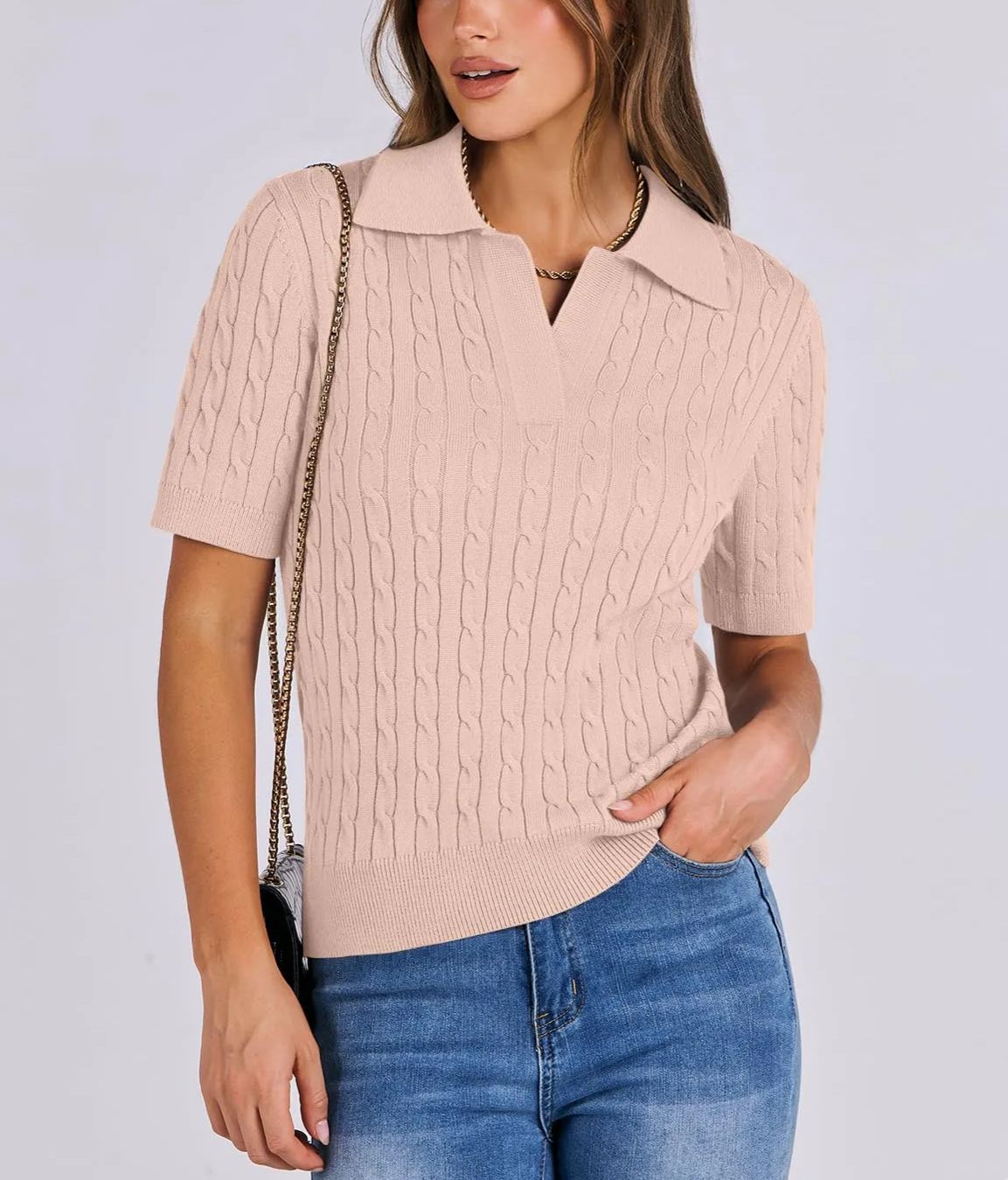 Women's Short Sleeve Polo V Neck Cable Knit Soft Sweaters Tops
