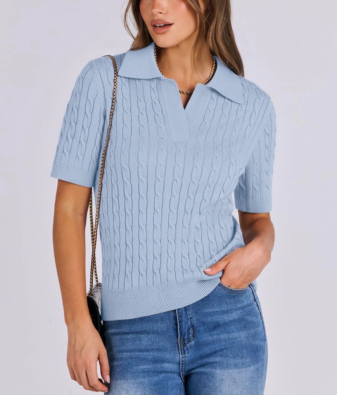 Women's Short Sleeve Polo V Neck Cable Knit Soft Sweaters Tops