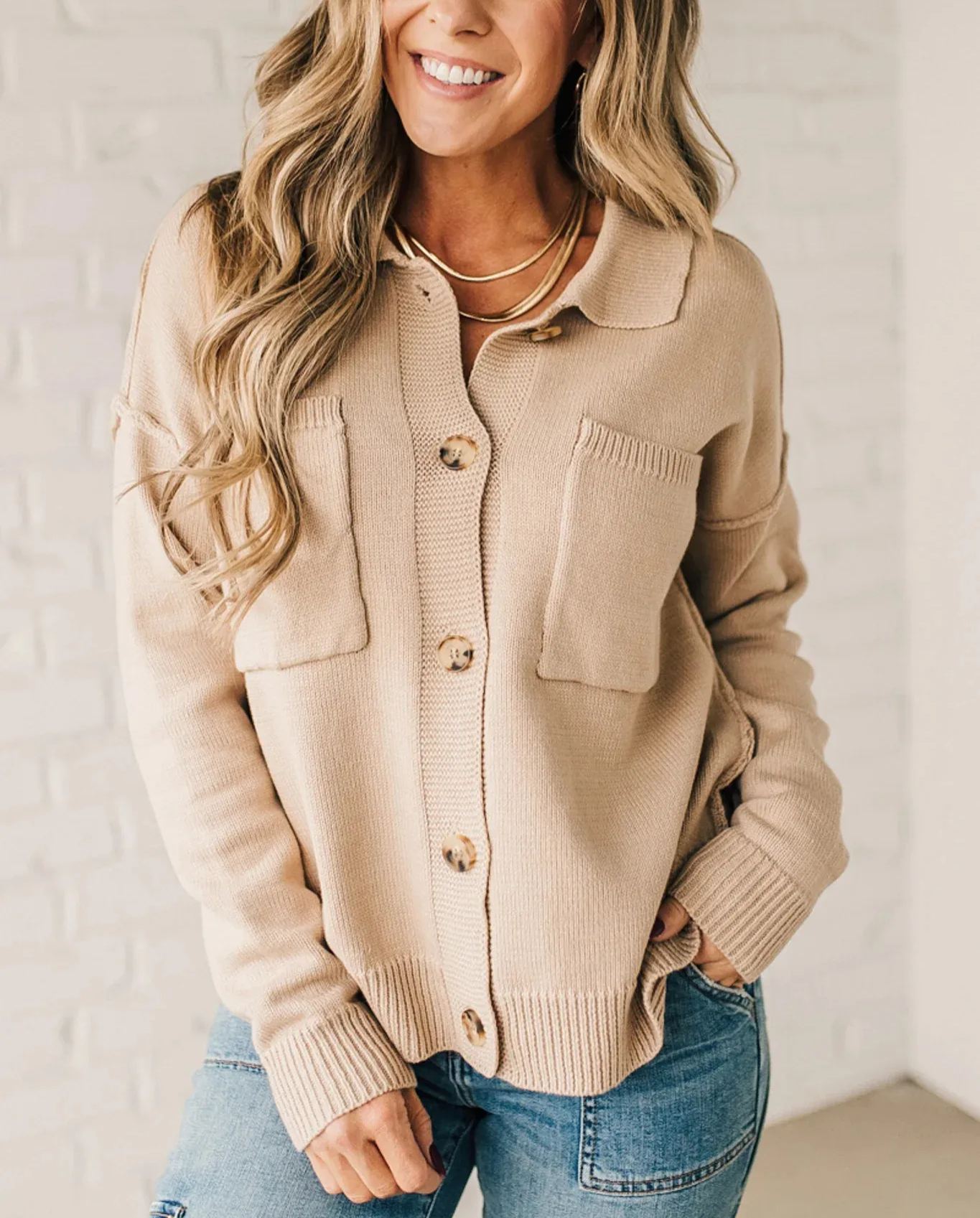 Women's Open Front Button Up Knit Cardigan Sweater with Pockets