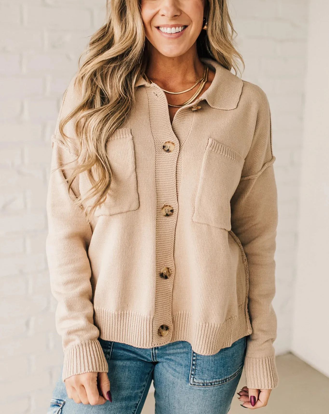 Women's Open Front Button Up Knit Cardigan Sweater with Pockets