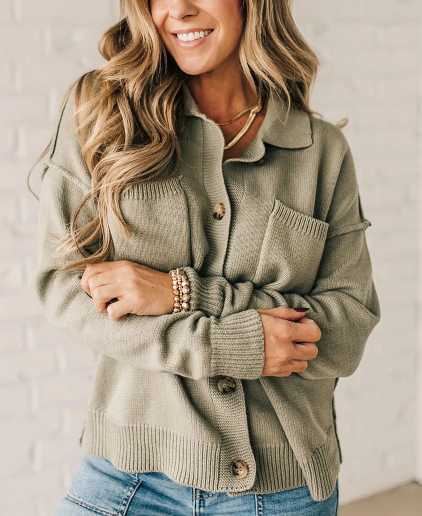 Women's Open Front Button Up Knit Cardigan Sweater with Pockets