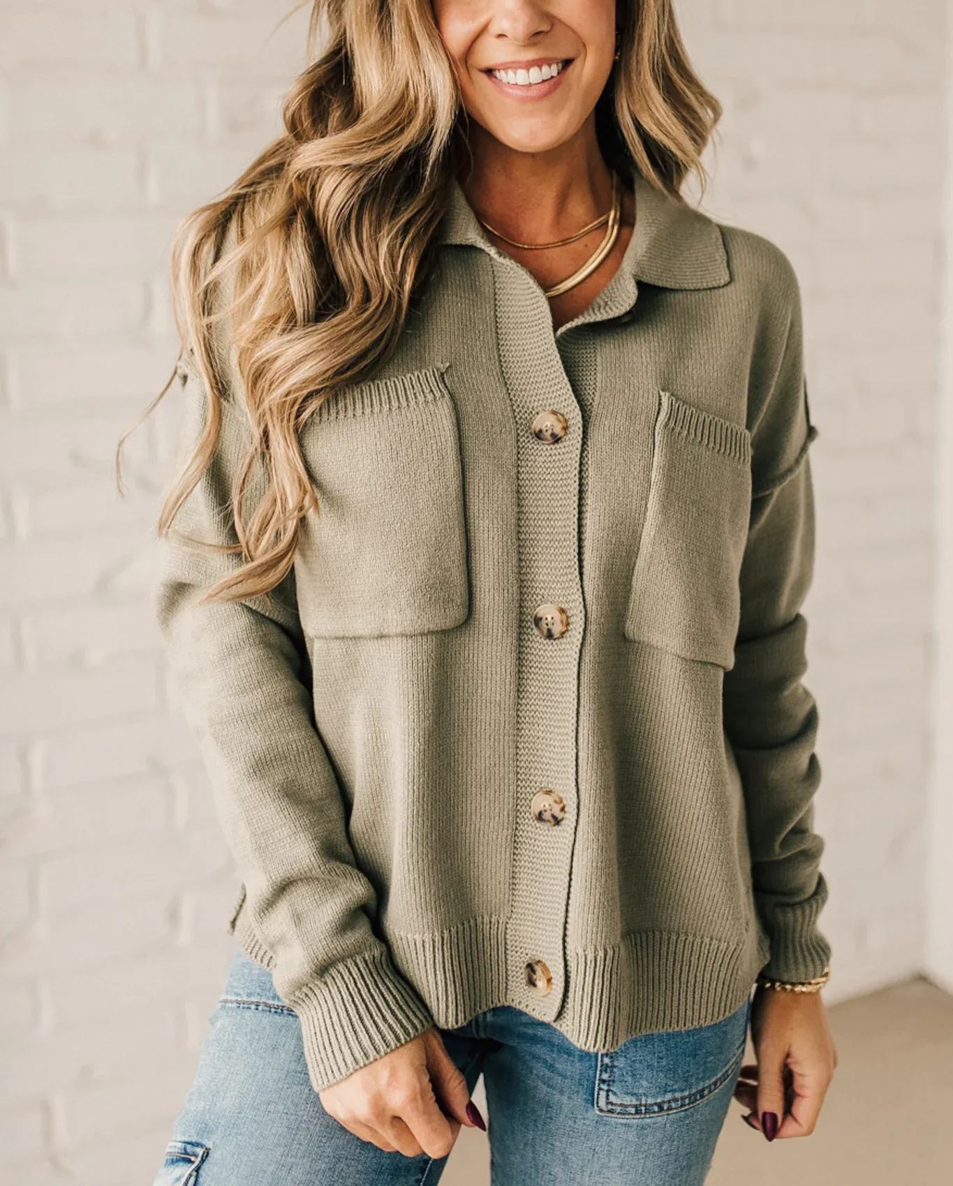 Women's Open Front Button Up Knit Cardigan Sweater with Pockets