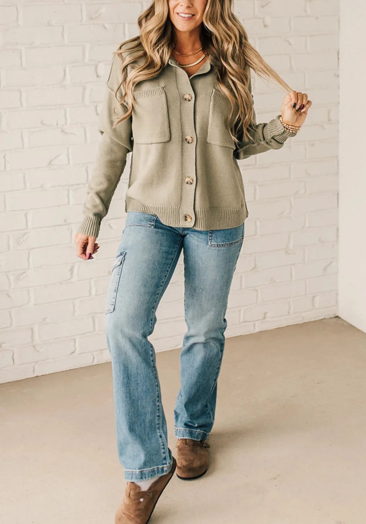 Women's Open Front Button Up Knit Cardigan Sweater with Pockets