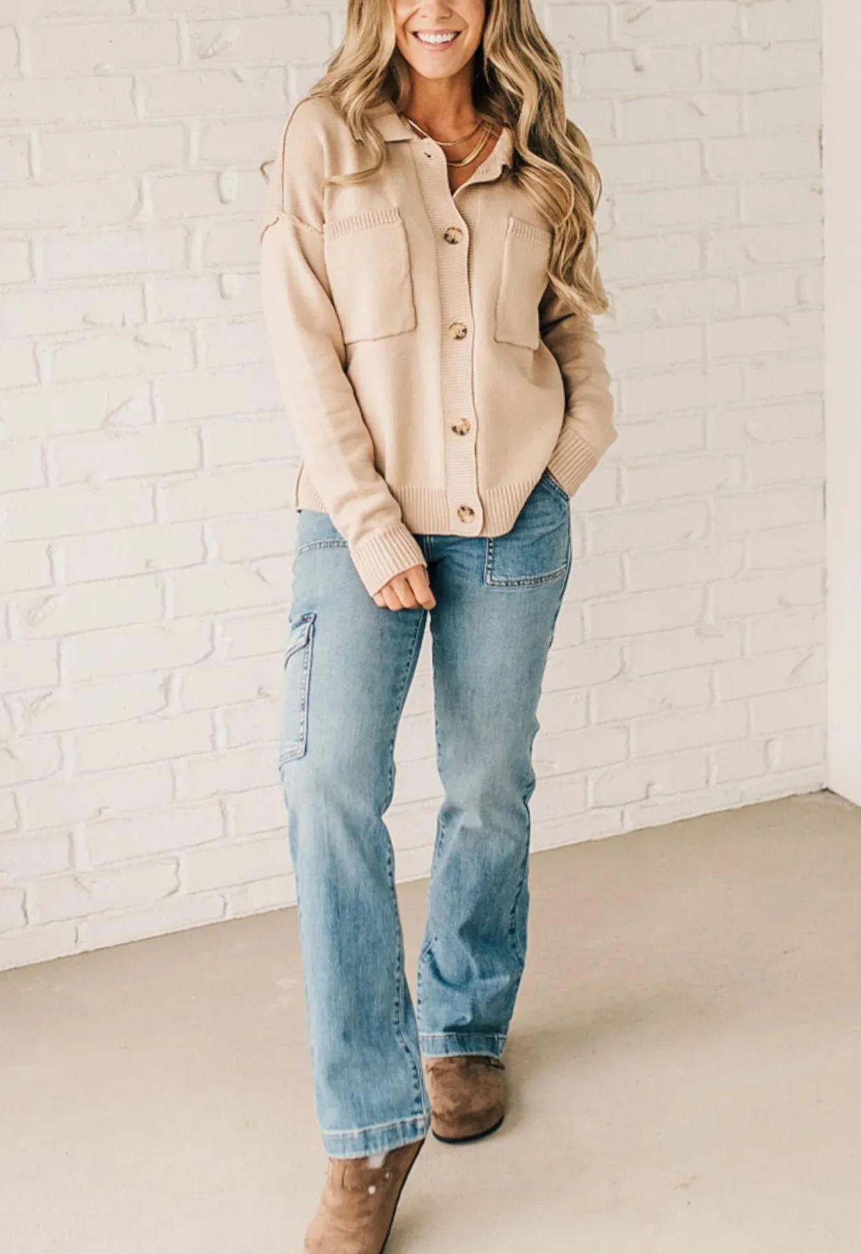 Women's Open Front Button Up Knit Cardigan Sweater with Pockets