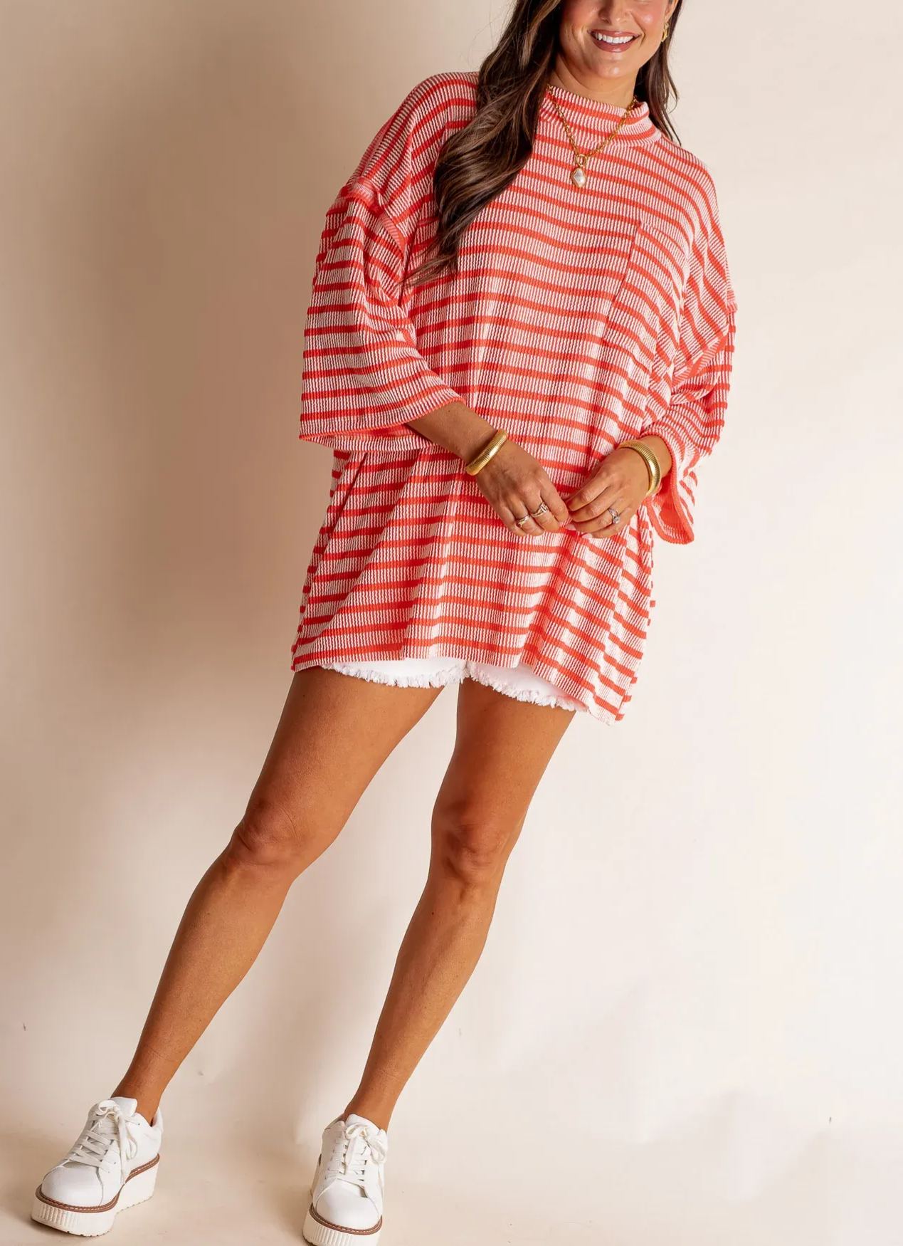 🌸Women's 2025 Spring New  Ribbed Striped Crew Neck Pocket Top