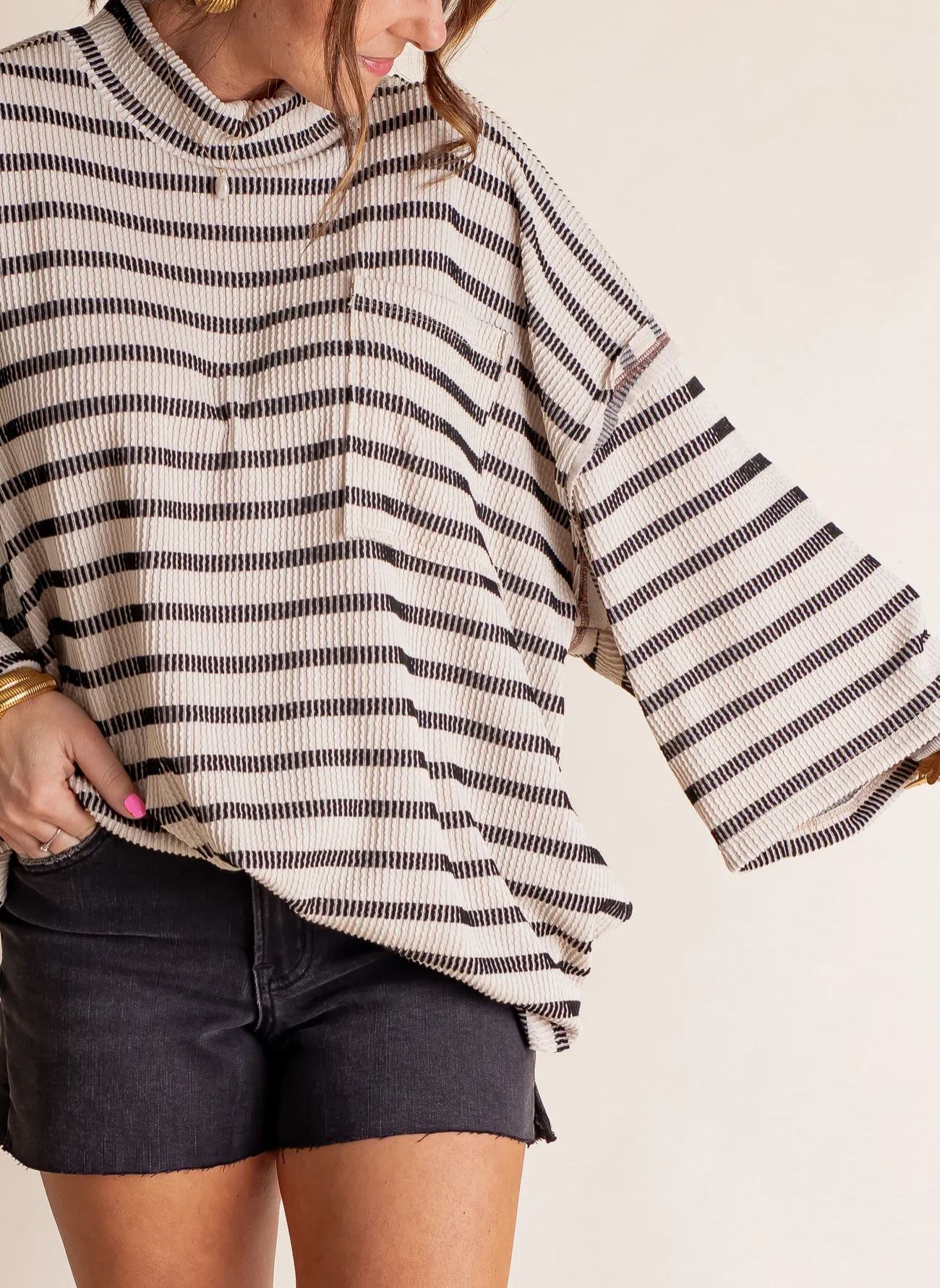 🌸Women's 2025 Spring New  Ribbed Striped Crew Neck Pocket Top