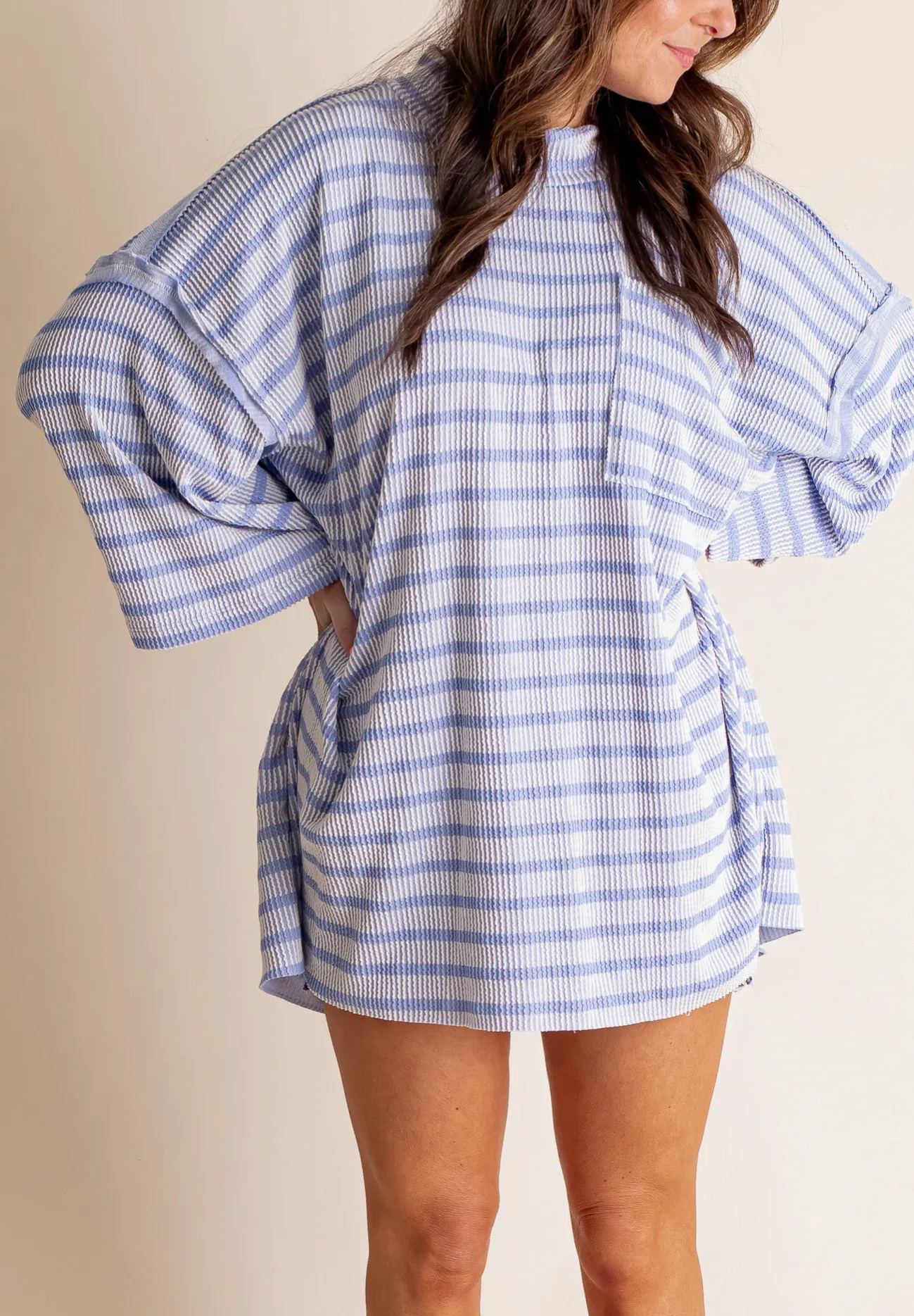 🌸Women's 2025 Spring New  Ribbed Striped Crew Neck Pocket Top