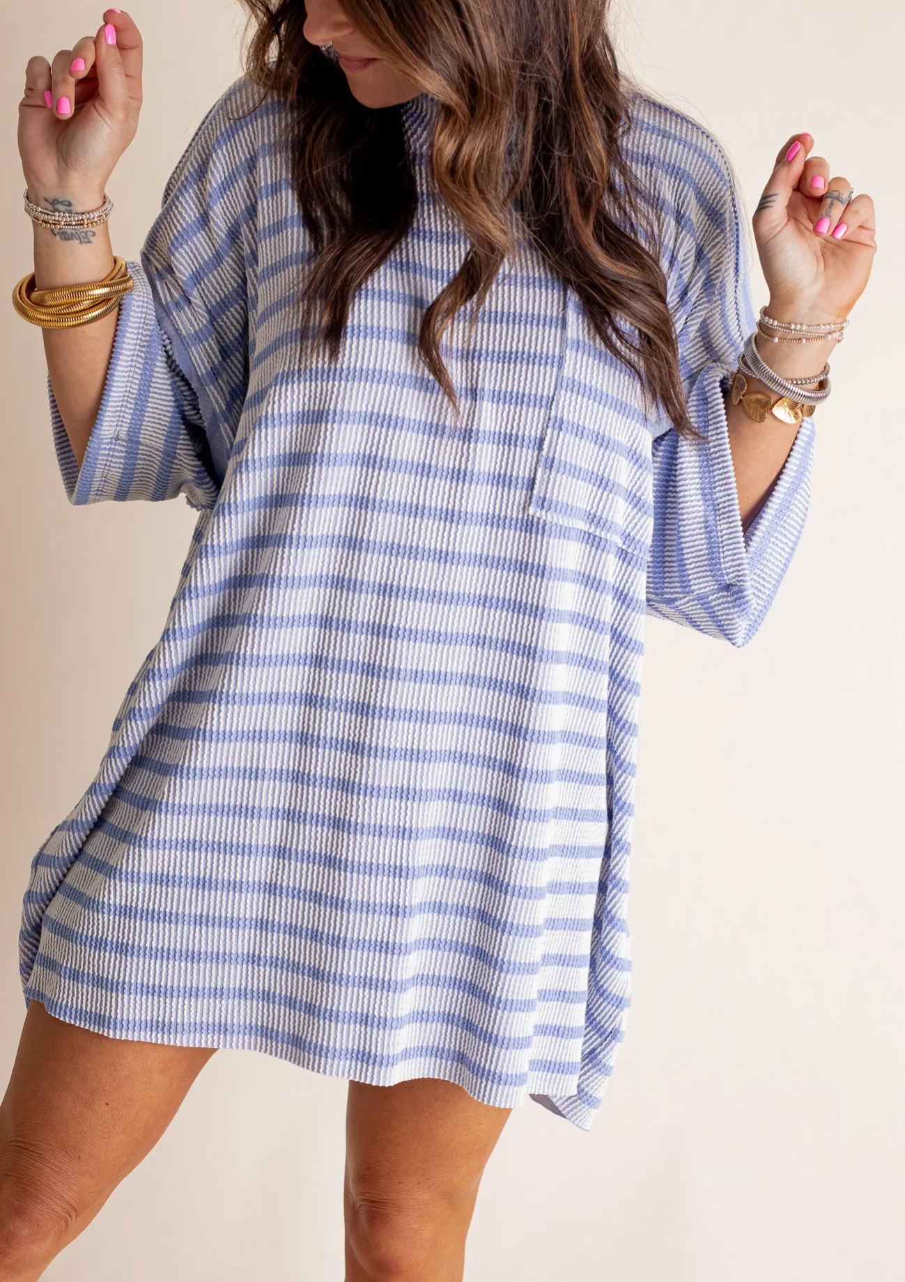 🌸Women's 2025 Spring New  Ribbed Striped Crew Neck Pocket Top