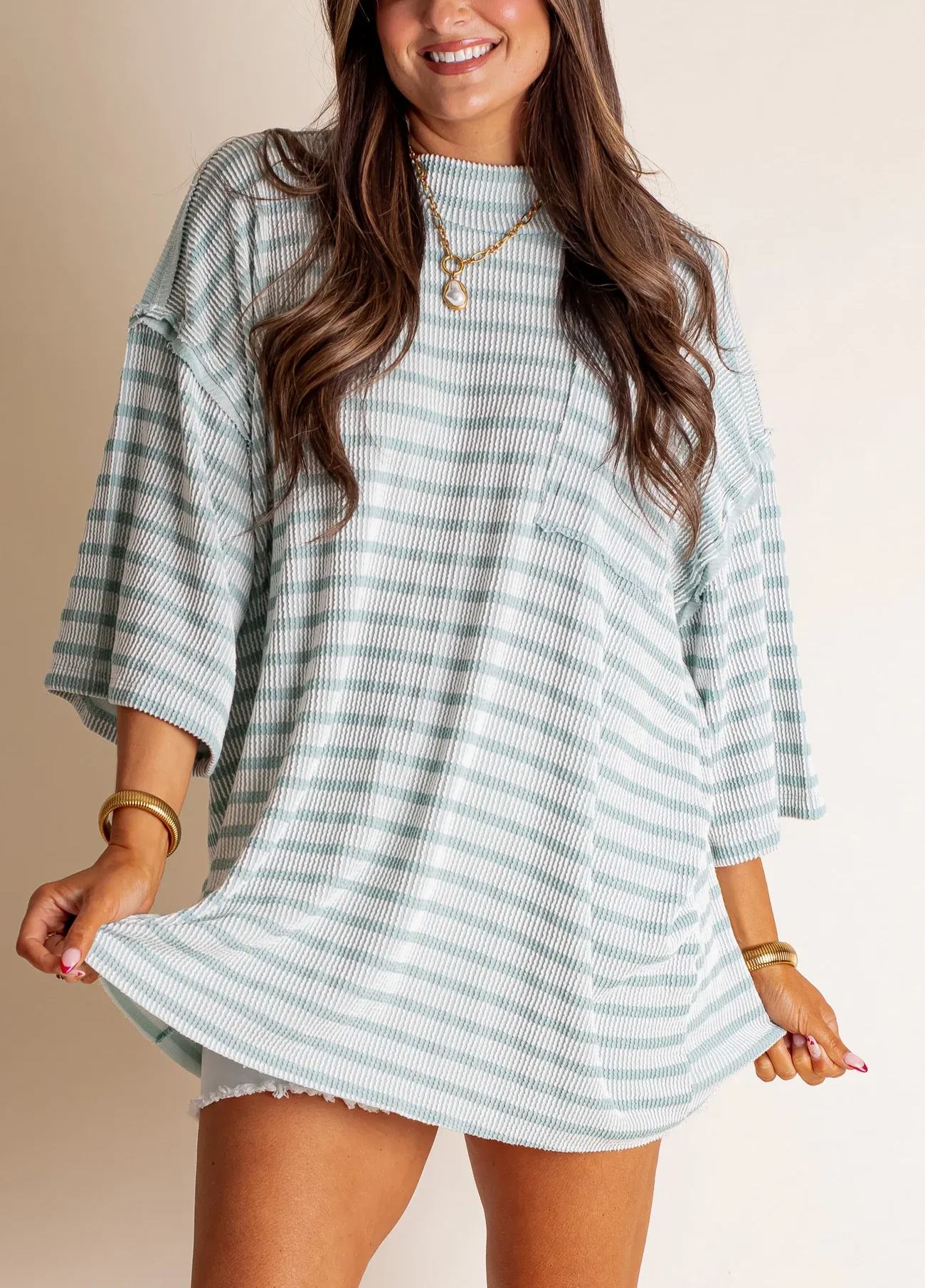 🌸Women's 2025 Spring New  Ribbed Striped Crew Neck Pocket Top