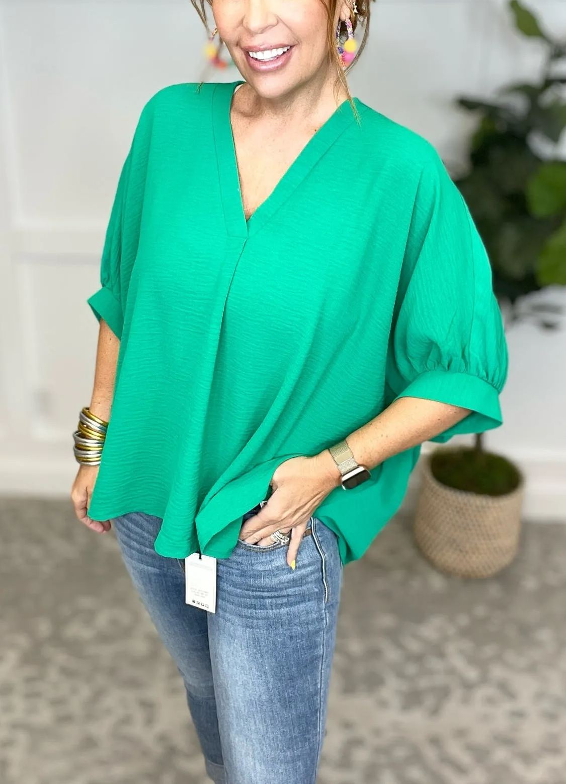 Women's Casual V Neck Puff Half Sleeve Loose Blouse