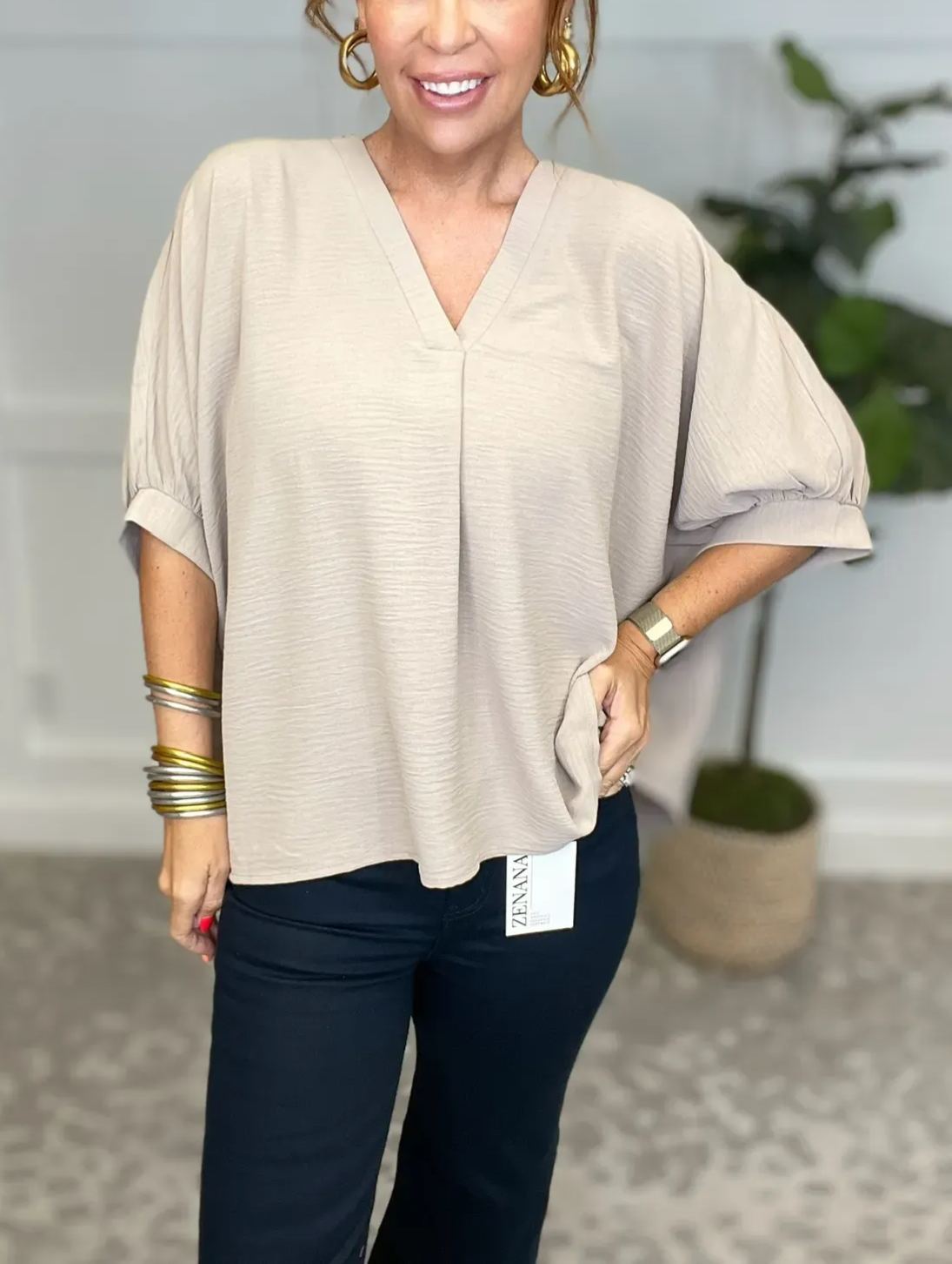 Women's Casual V Neck Puff Half Sleeve Loose Blouse