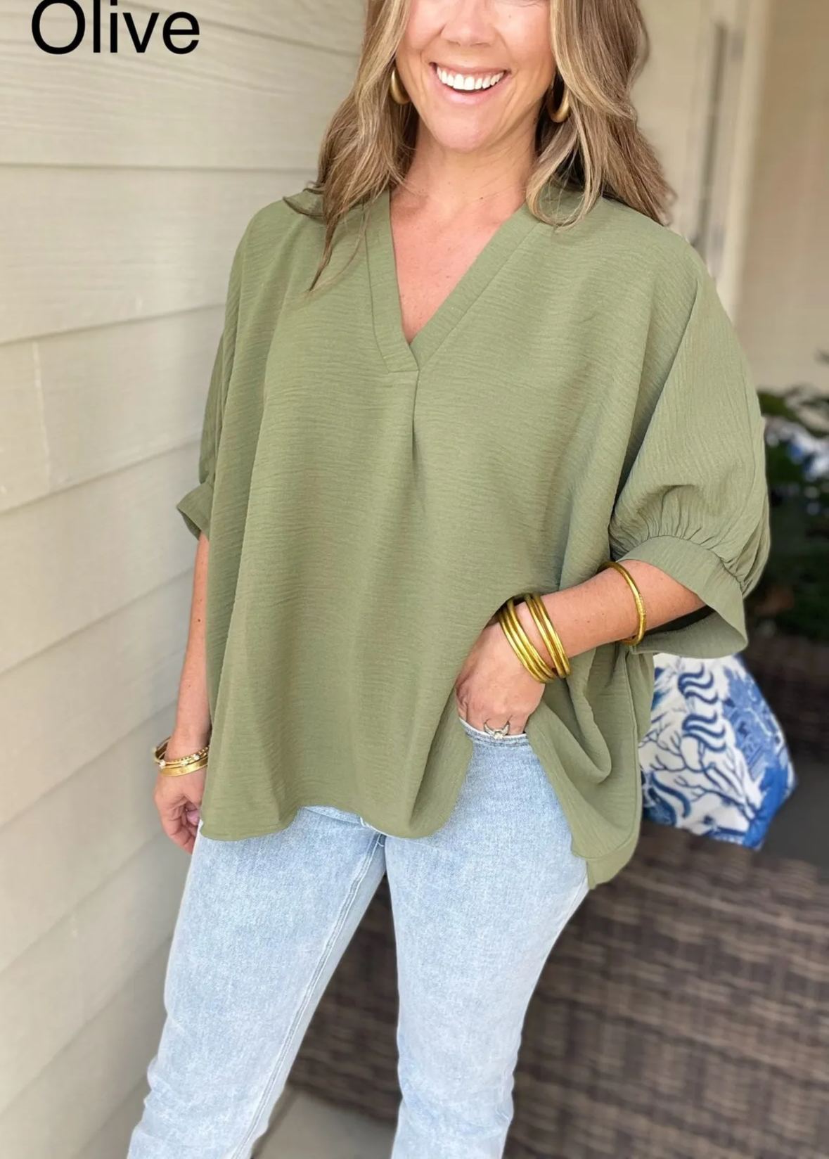 Women's Casual V Neck Puff Half Sleeve Loose Blouse