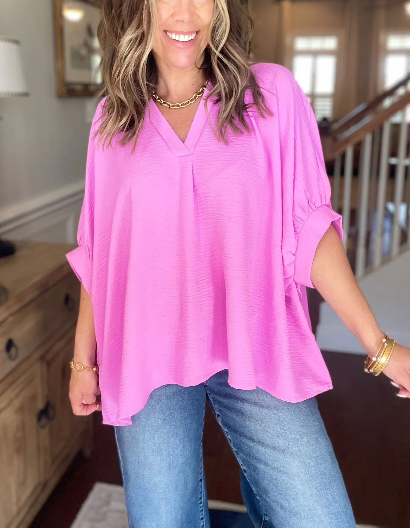 Women's Casual V Neck Puff Half Sleeve Loose Blouse