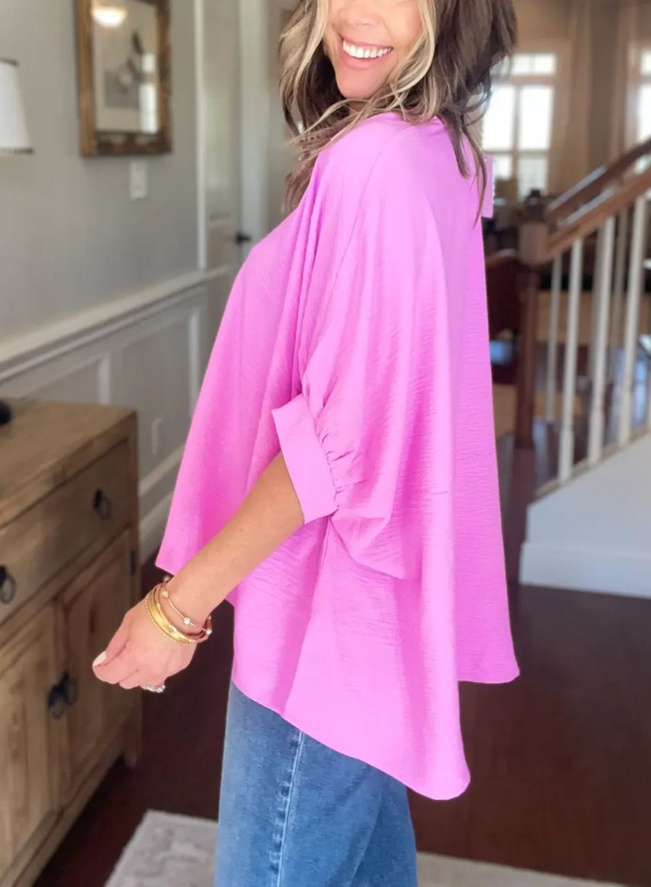 Women's Casual V Neck Puff Half Sleeve Loose Blouse