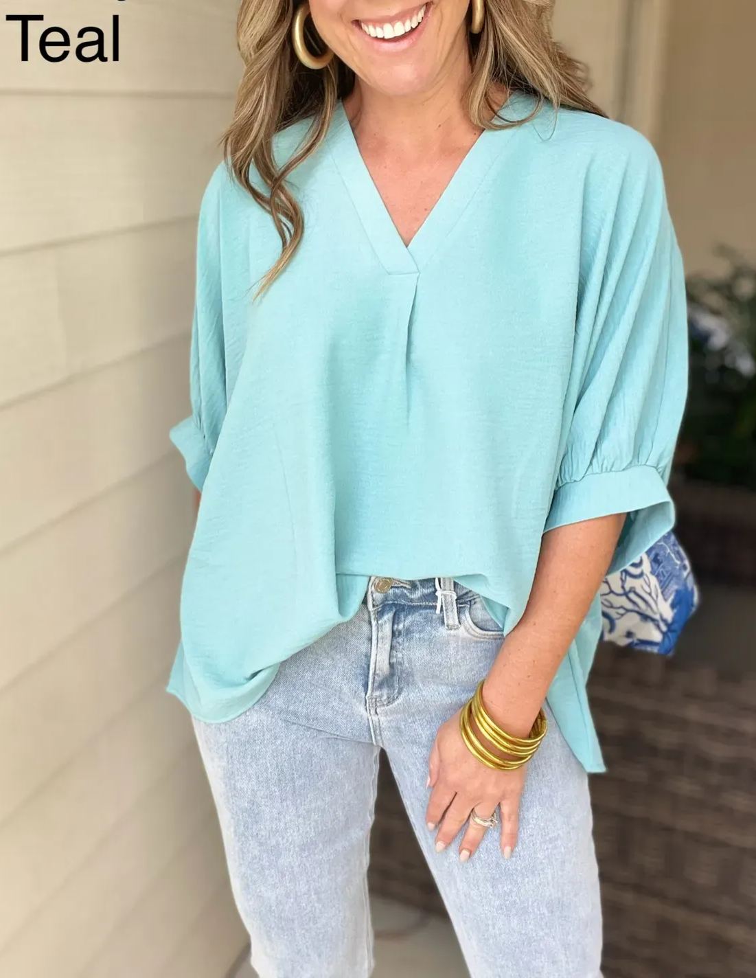 Women's Casual V Neck Puff Half Sleeve Loose Blouse