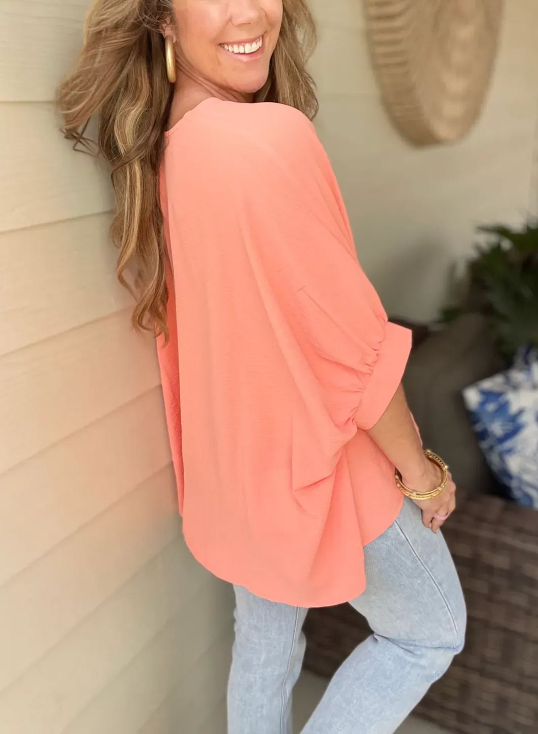 Women's Casual V Neck Puff Half Sleeve Loose Blouse