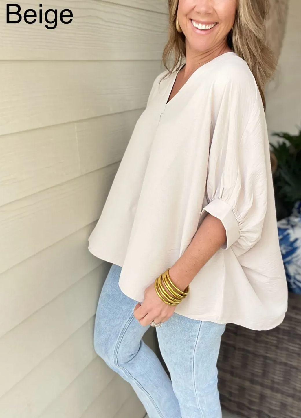 Women's Casual V Neck Puff Half Sleeve Loose Blouse