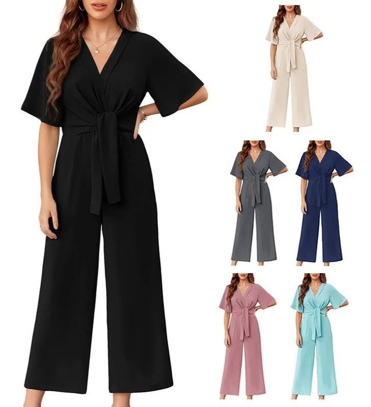 Womens Wide Leg Jumpsuits Short Sleeve V Neck Romper