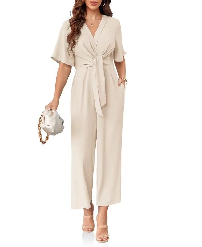 Womens Wide Leg Jumpsuits Short Sleeve V Neck Romper