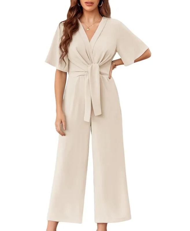 Womens Wide Leg Jumpsuits Short Sleeve V Neck Romper