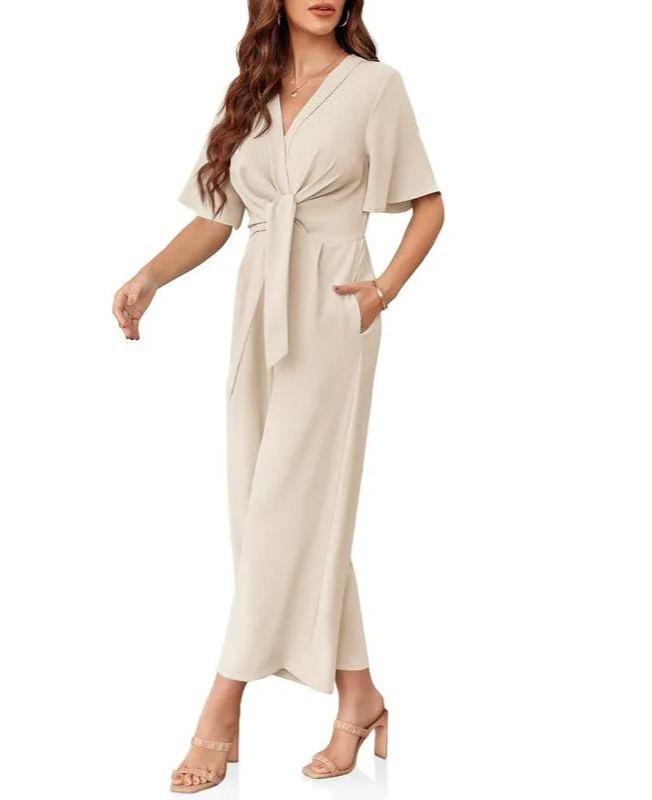 Womens Wide Leg Jumpsuits Short Sleeve V Neck Romper