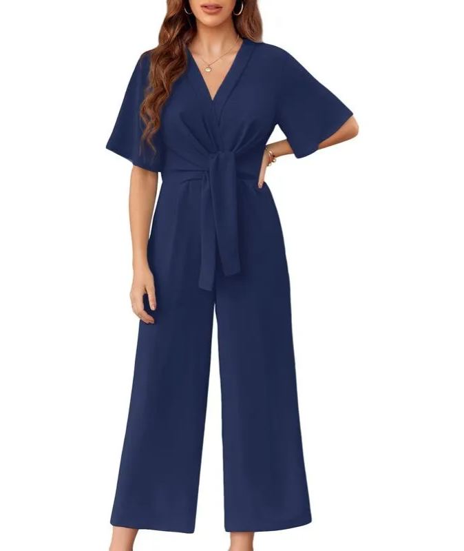 Womens Wide Leg Jumpsuits Short Sleeve V Neck Romper