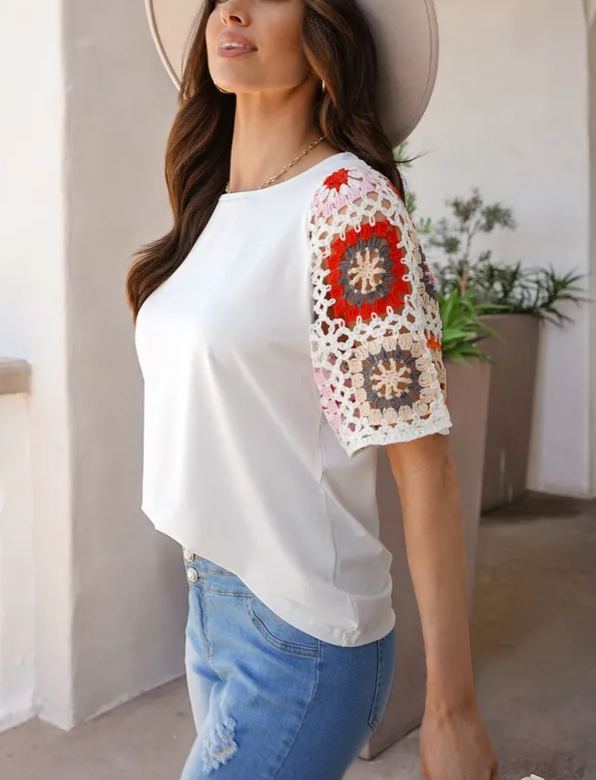 Floral Crochet Patchwork Round Neck Top