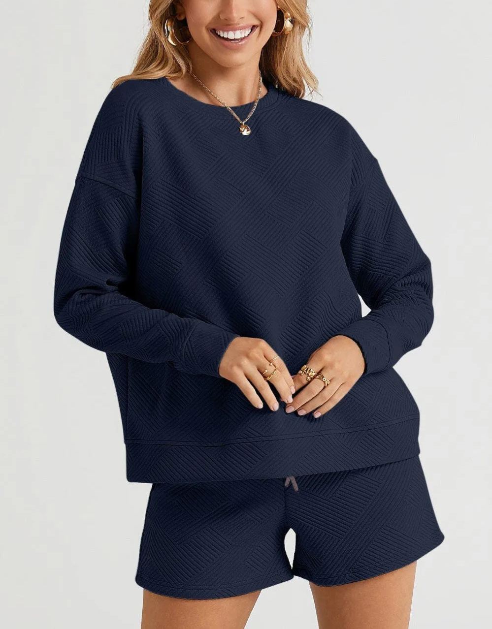 Women's Texture Long Sleeve Top and Drawstring Shorts Set