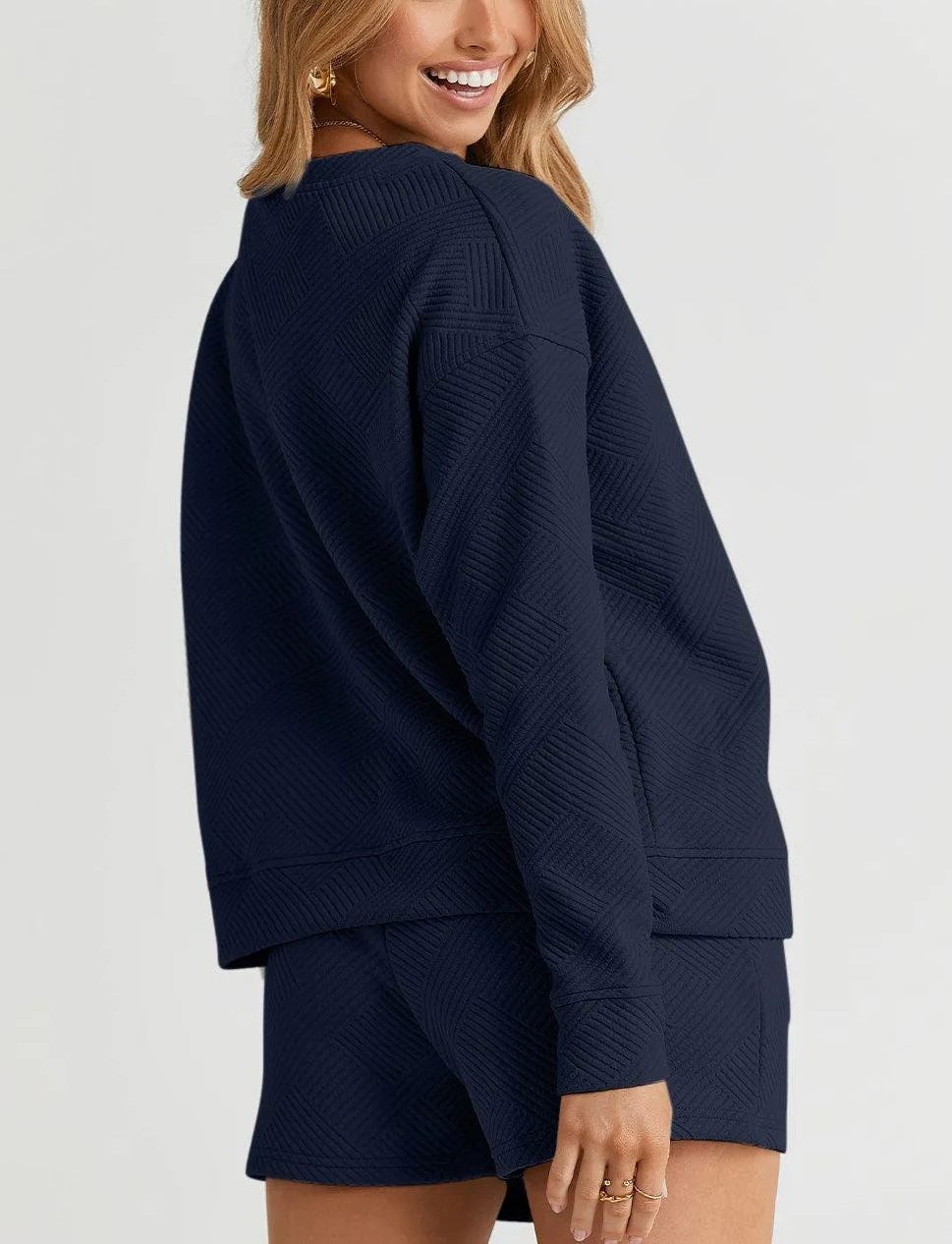 Women's Texture Long Sleeve Top and Drawstring Shorts Set