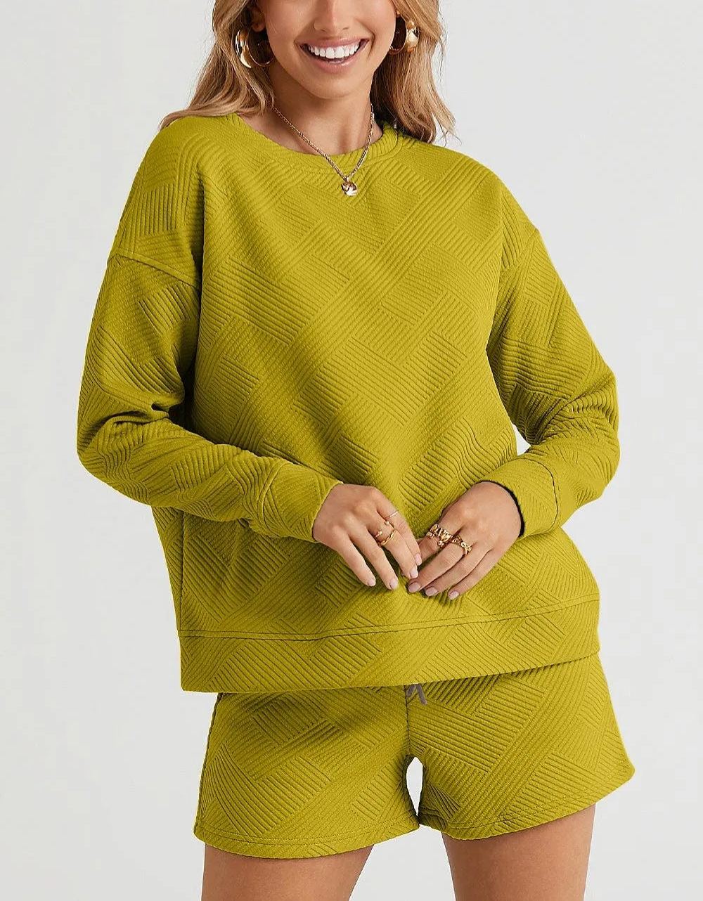 Women's Texture Long Sleeve Top and Drawstring Shorts Set