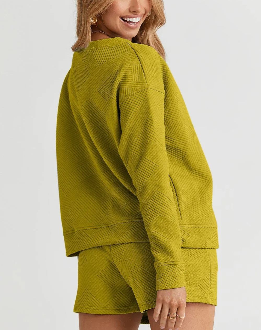 Women's Texture Long Sleeve Top and Drawstring Shorts Set