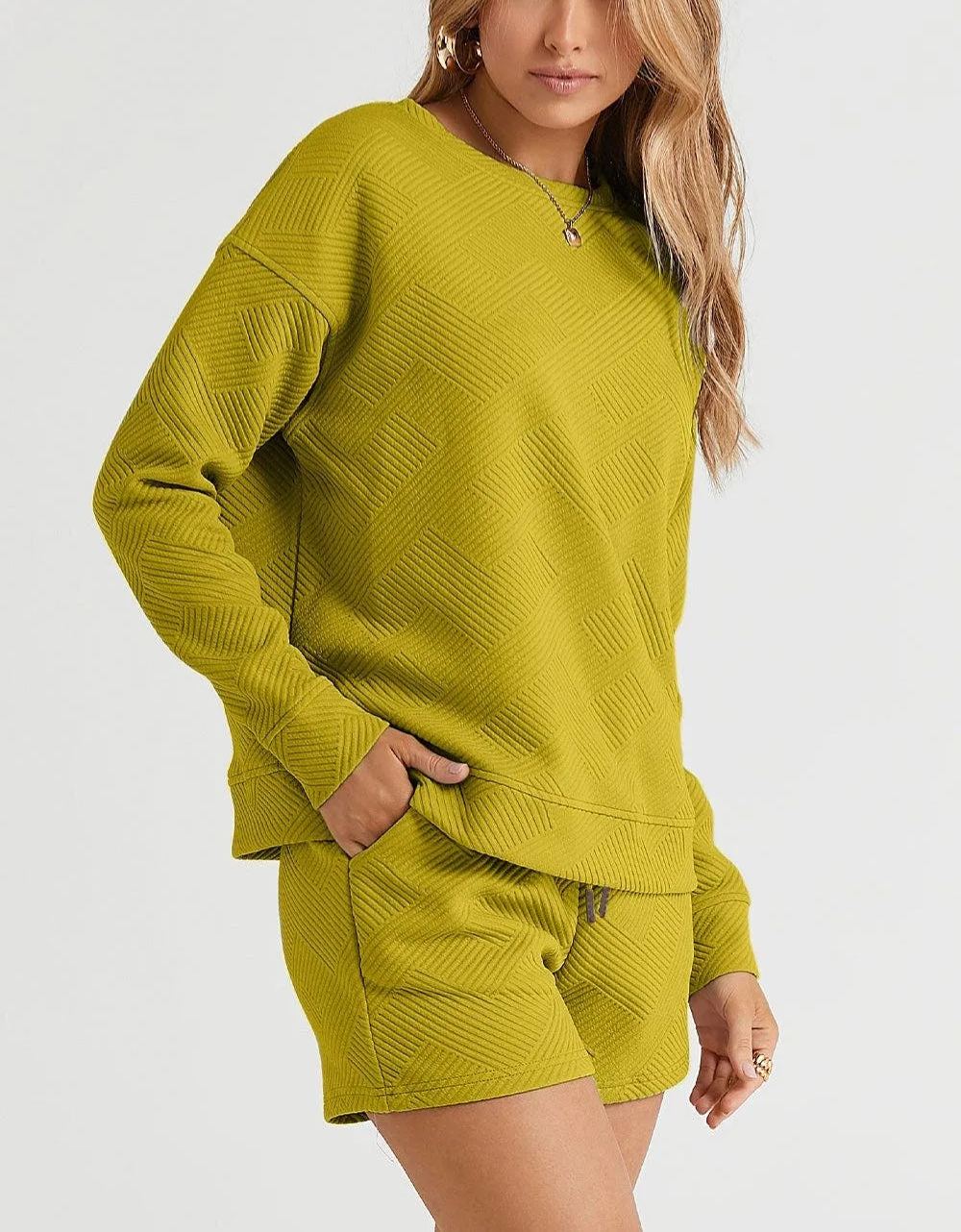 Women's Texture Long Sleeve Top and Drawstring Shorts Set