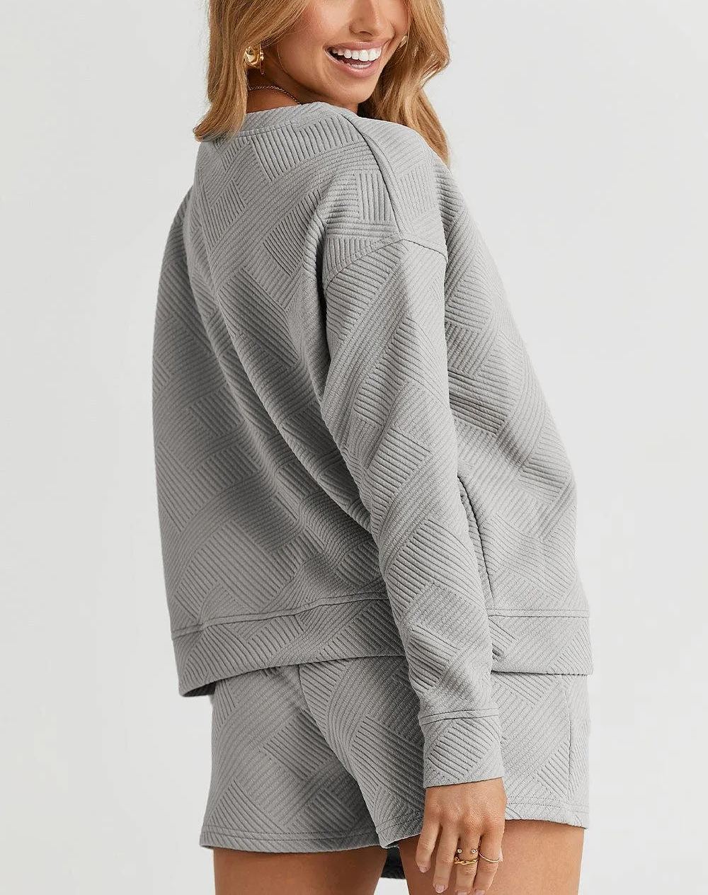 Women's Texture Long Sleeve Top and Drawstring Shorts Set