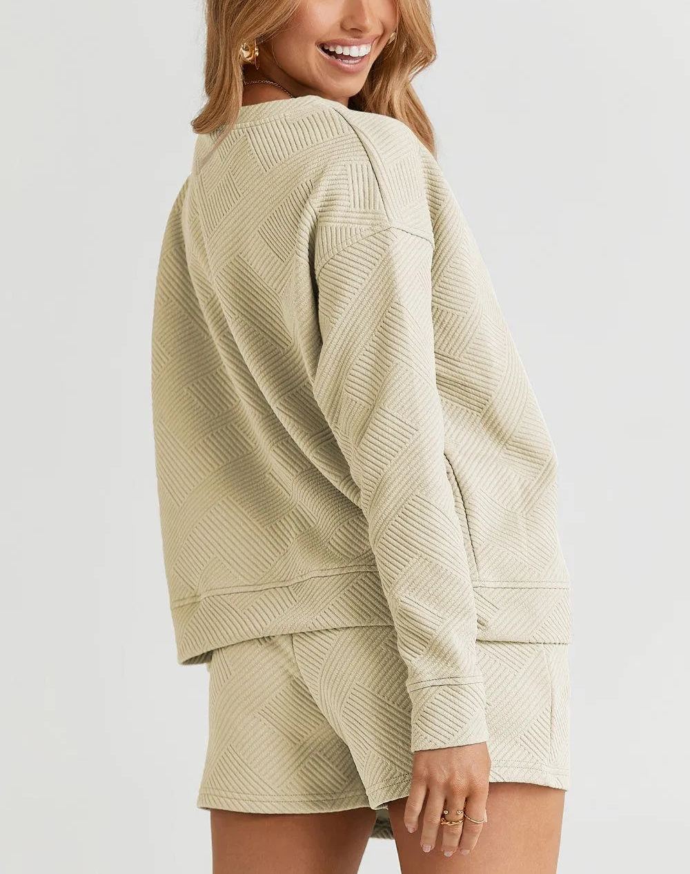 Women's Texture Long Sleeve Top and Drawstring Shorts Set