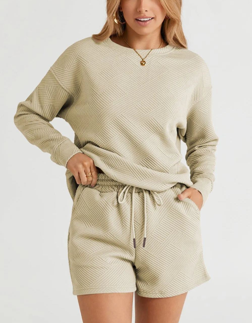 Women's Texture Long Sleeve Top and Drawstring Shorts Set