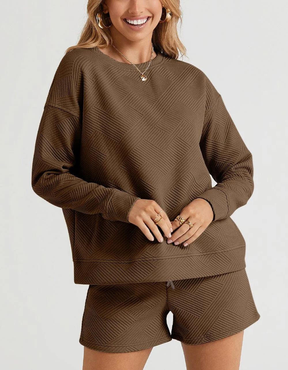 Women's Texture Long Sleeve Top and Drawstring Shorts Set