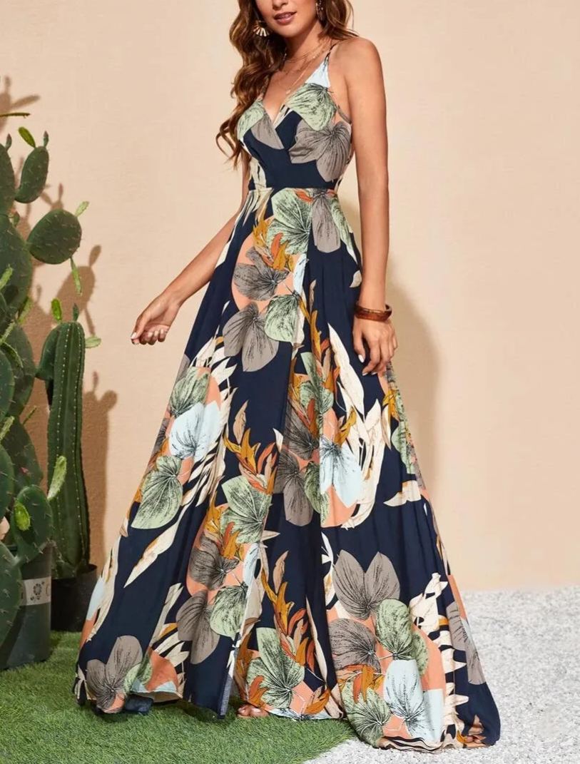 Women's Tropical Print Overlap Collar Backless Slit Thigh Cami Dress