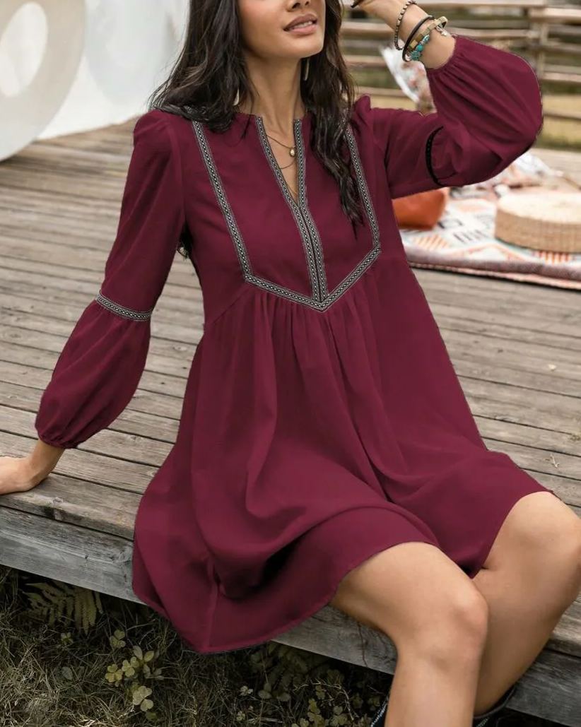 Women's V-Neck Long Sleeve Lightweight Dress