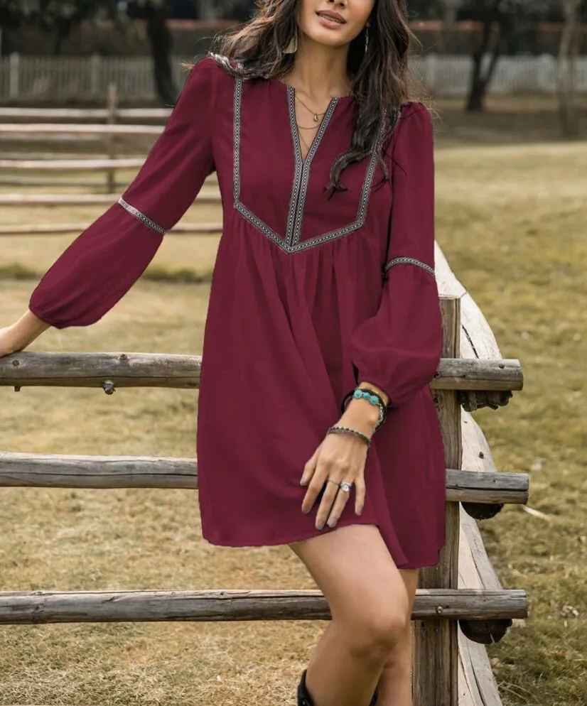 Women's V-Neck Long Sleeve Lightweight Dress