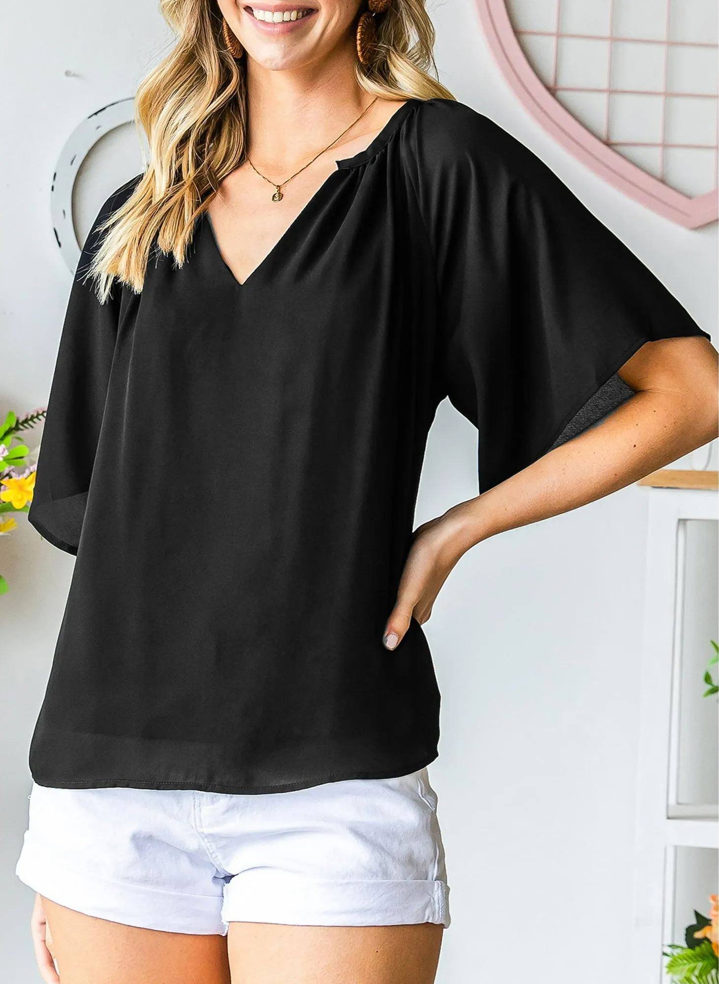 New Women's V Neck 3/4 Batwing Sleeve Blouse Pleated Flowy Tunic Tops