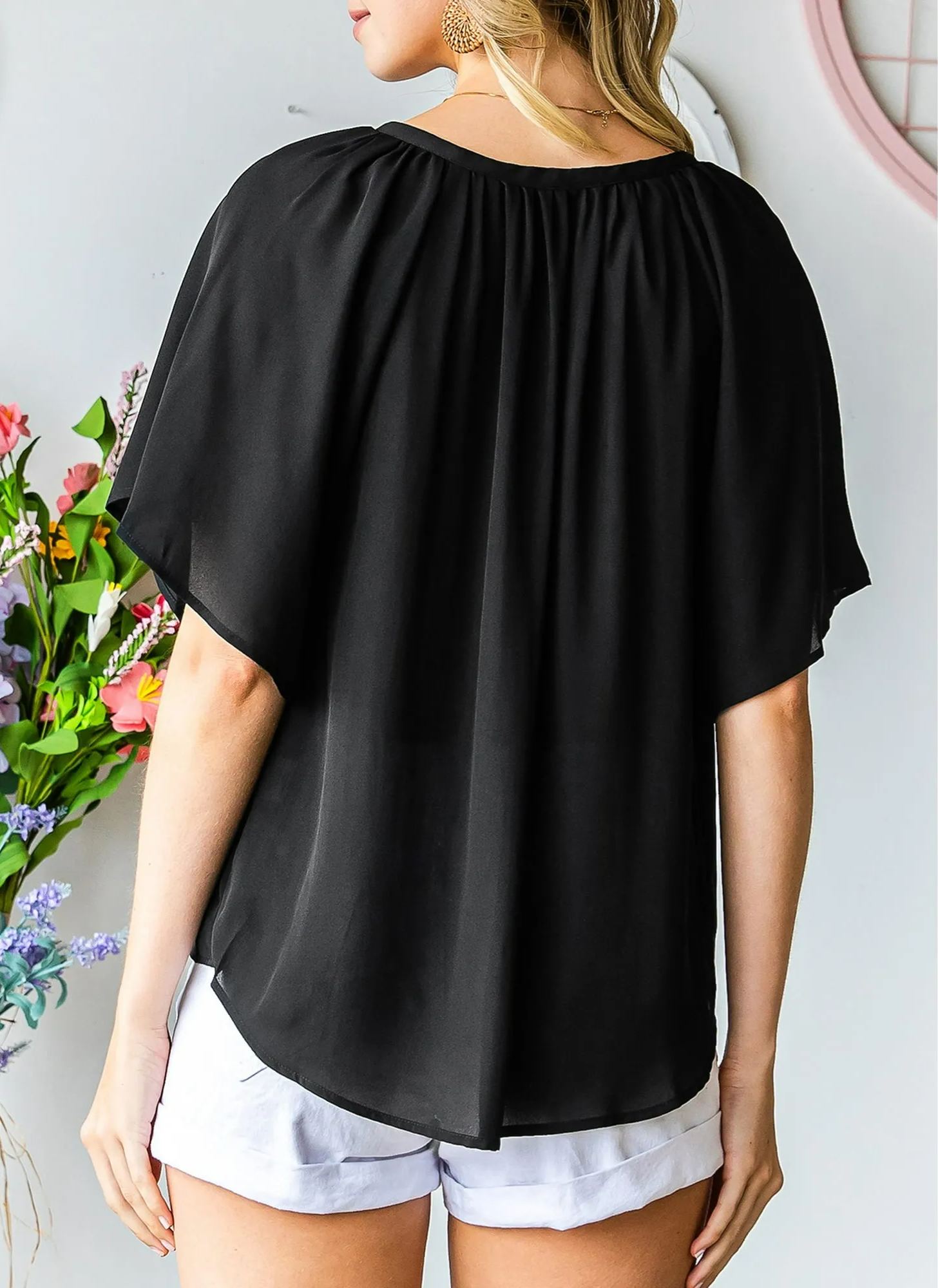 New Women's V Neck 3/4 Batwing Sleeve Blouse Pleated Flowy Tunic Tops