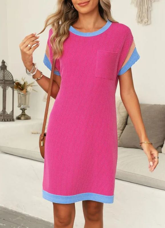 Women‘s Casual Summer Color Block Crewneck Short Sleeve Tshirts Dress
