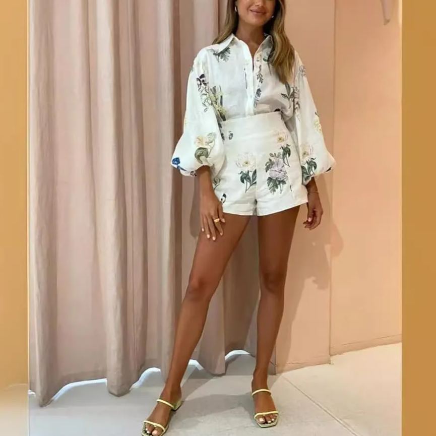 Womens Hawaiian Long Sleeve Button Down Shirt and Shorts Tracksuit Lounge Set