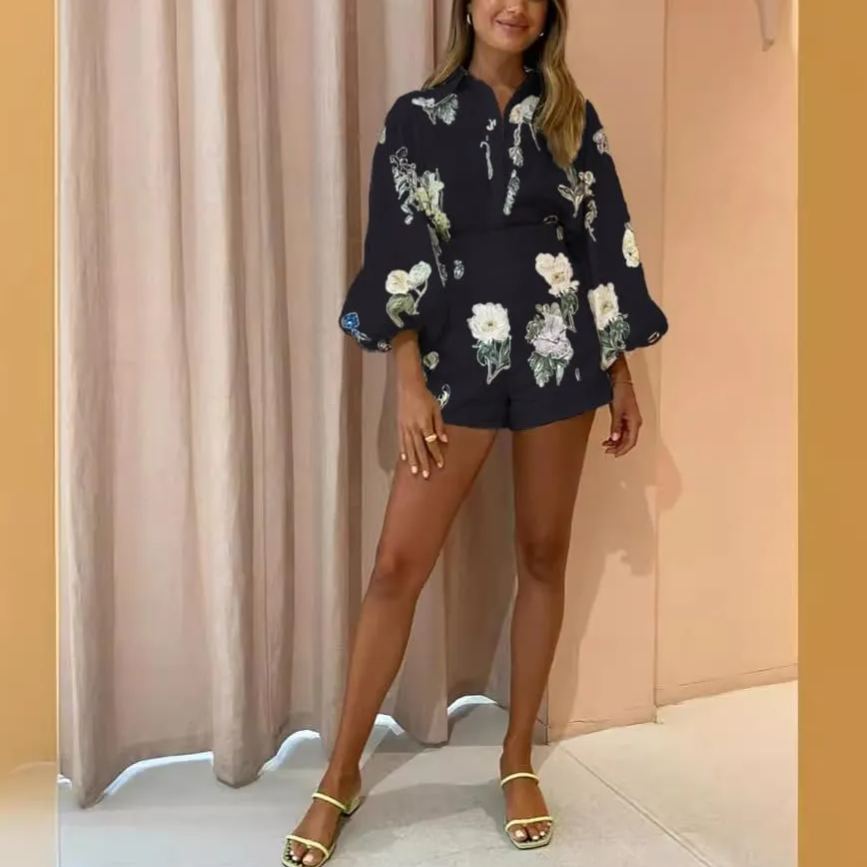 Womens Hawaiian Long Sleeve Button Down Shirt and Shorts Tracksuit Lounge Set