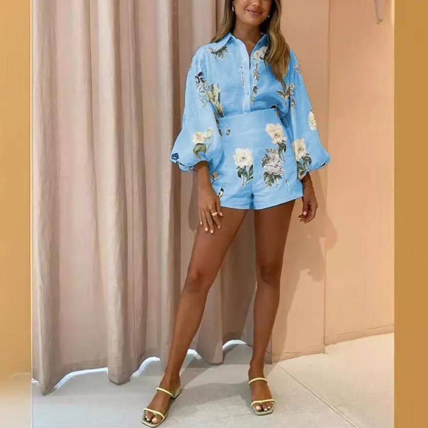 Womens Hawaiian Long Sleeve Button Down Shirt and Shorts Tracksuit Lounge Set