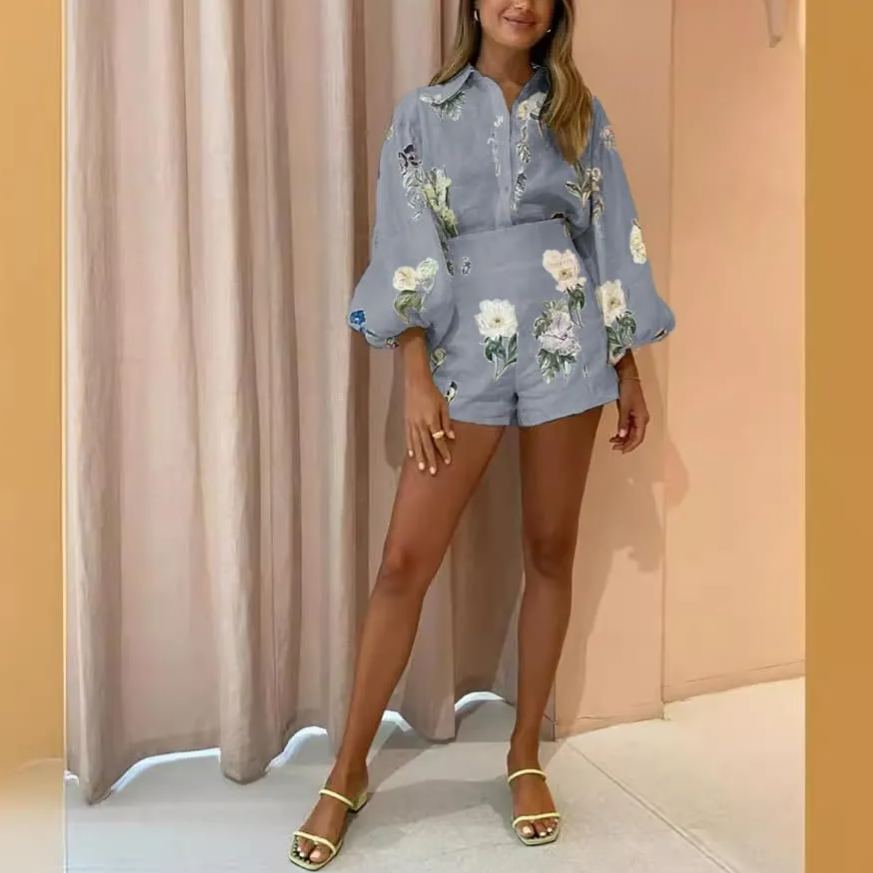 Womens Hawaiian Long Sleeve Button Down Shirt and Shorts Tracksuit Lounge Set